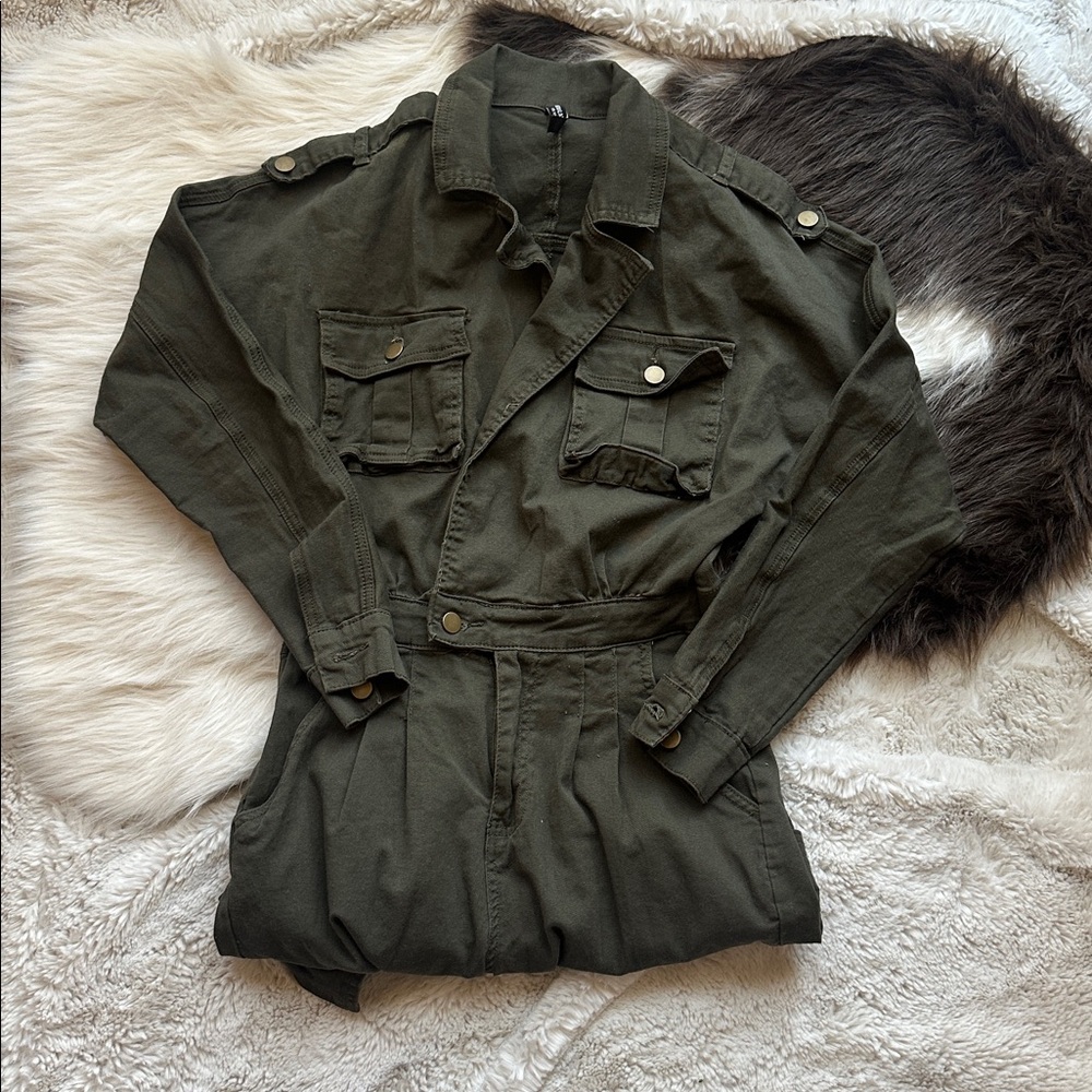 Olive Green Aviation Utility Long Sleeve Pants Jumpsuit